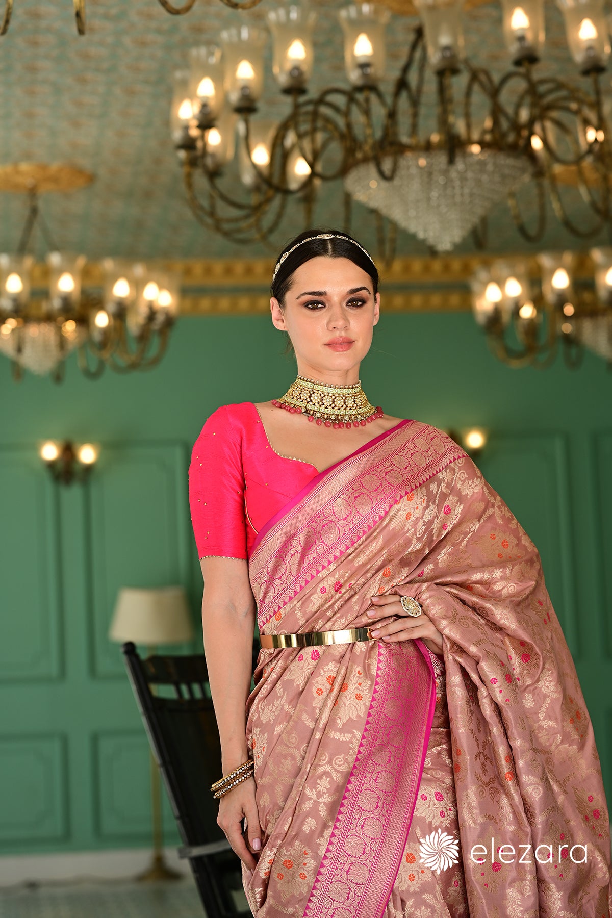 Mauve Kadhiyal Pink Border Meenakari Sona Zari Pure Katan Banarasi