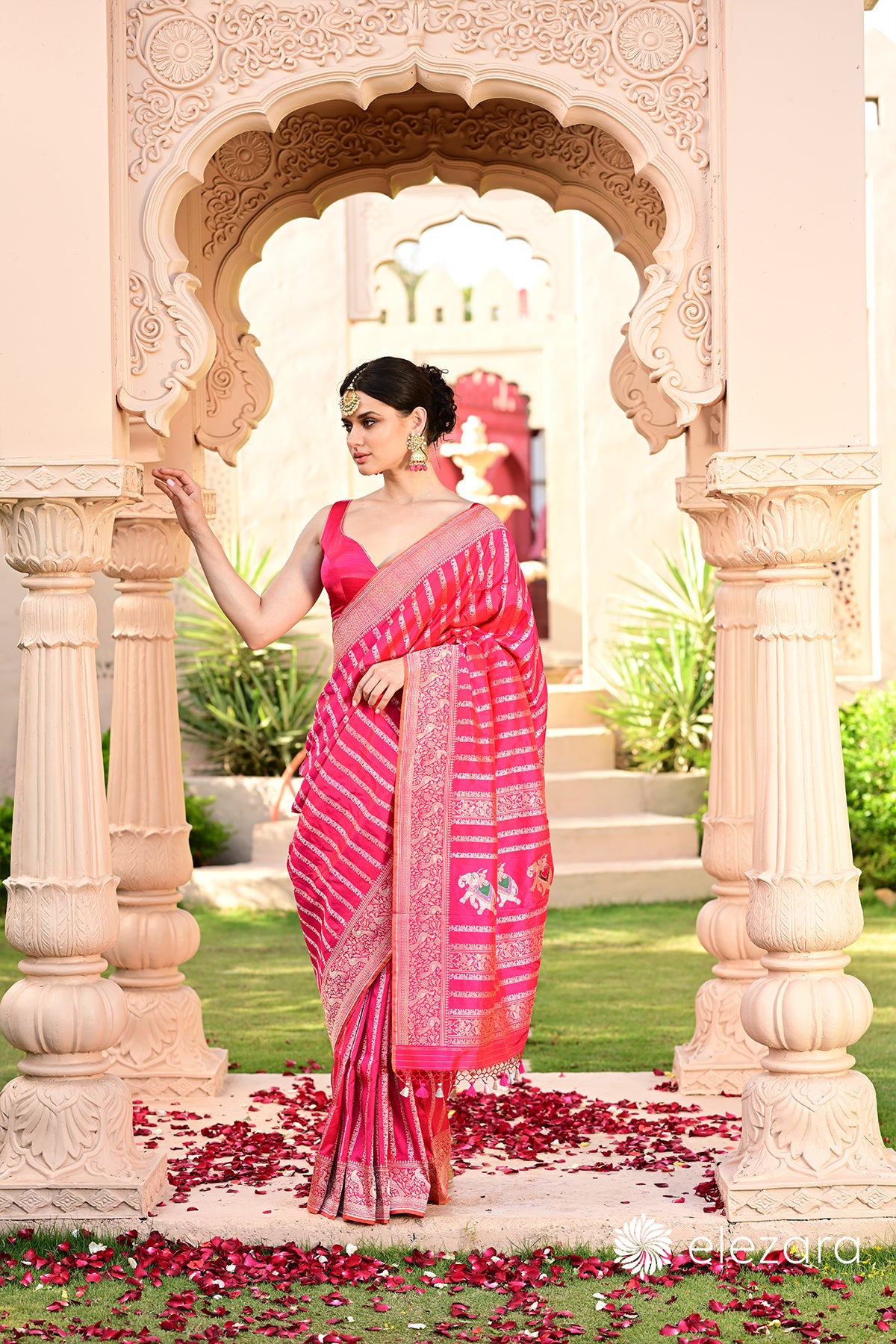 Rani-Pink Leheriya Kadhwa Shikargah Sona Rupa Meenakari Pure Katan Banarasi