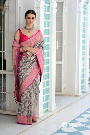 Grey Kadhiyal Pink Border Sona Rupa Pure Katan Banarasi