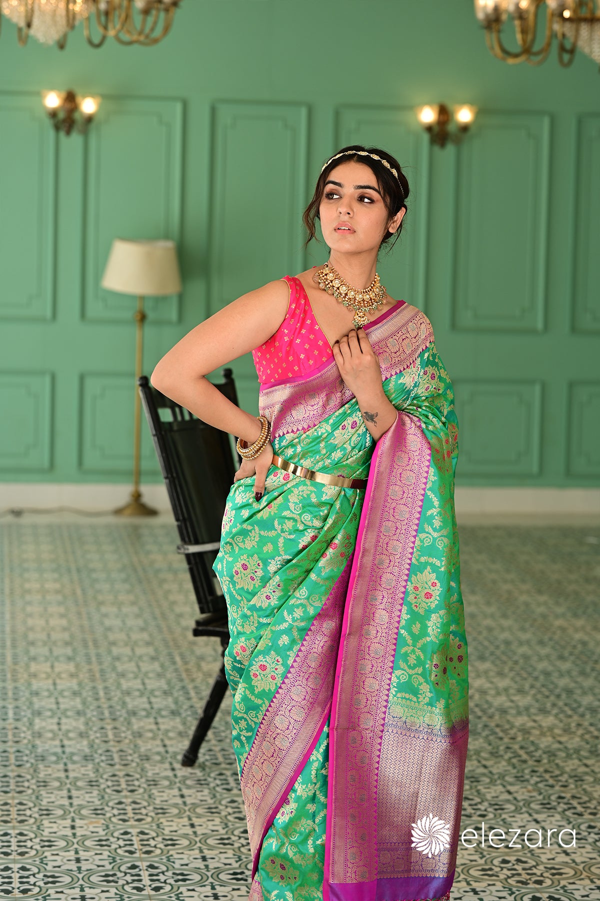 Sea-Green Kadhiyal Pink Border Meenakari Sona Zari Pure Katan Banarasi