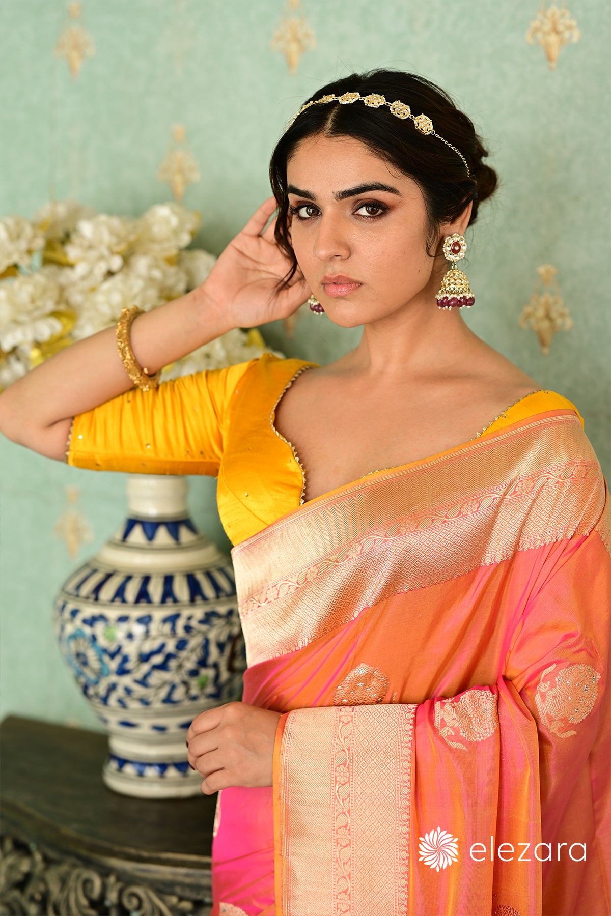 Fiery-Orange Kadhwa Buta Sona Rupa Zari Ektara Pure Katan Banarasi