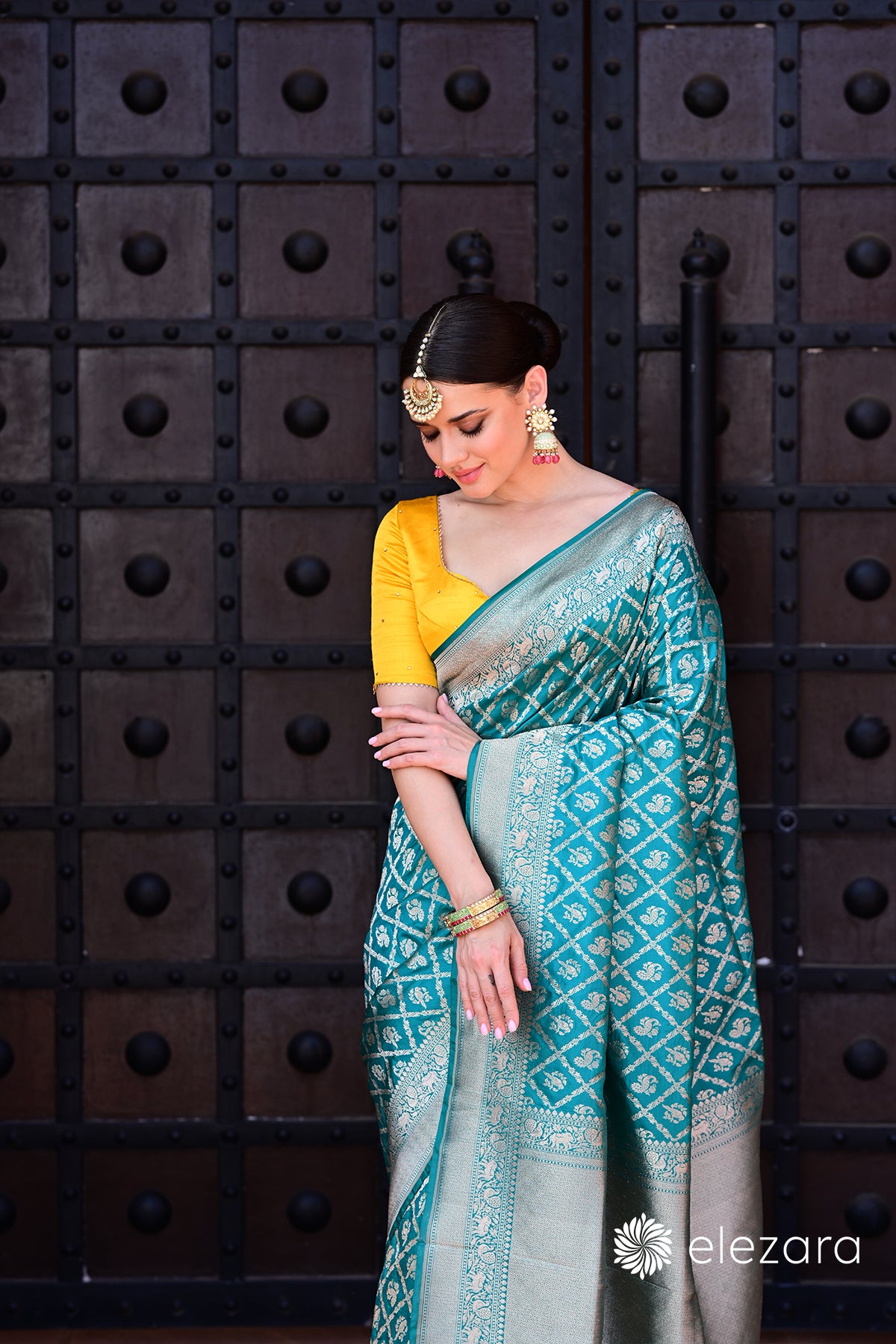 Sea-green Sona Zari Shikargah Pure Katan Silk Banarasi