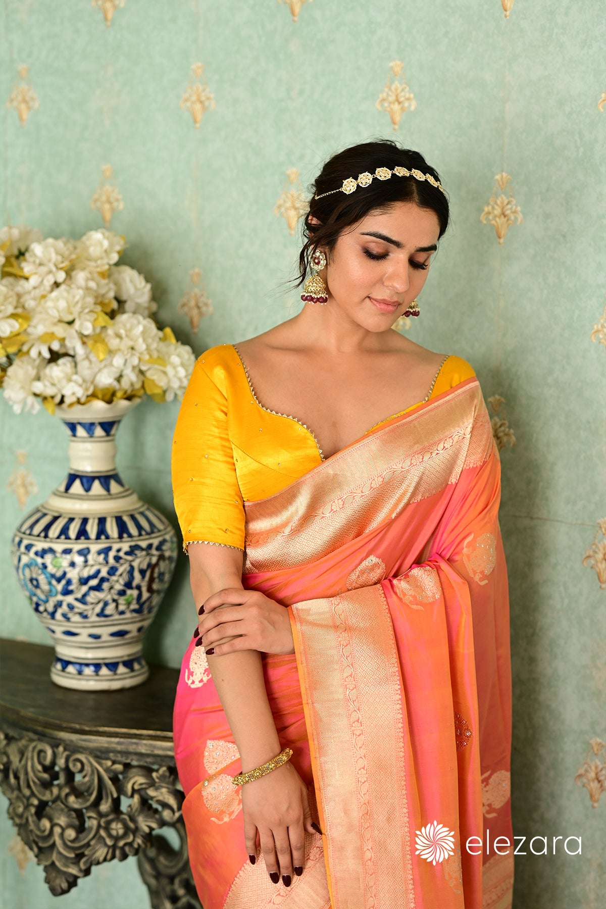 Fiery-Orange Kadhwa Buta Sona Rupa Zari Ektara Pure Katan Banarasi