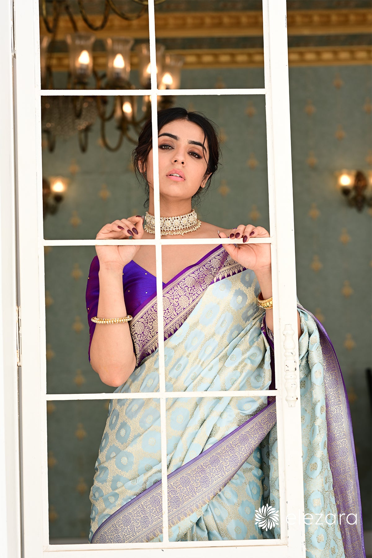 Powder Blue Kadhiyal Purple Border Sona Zari Pure Katan Banarasi