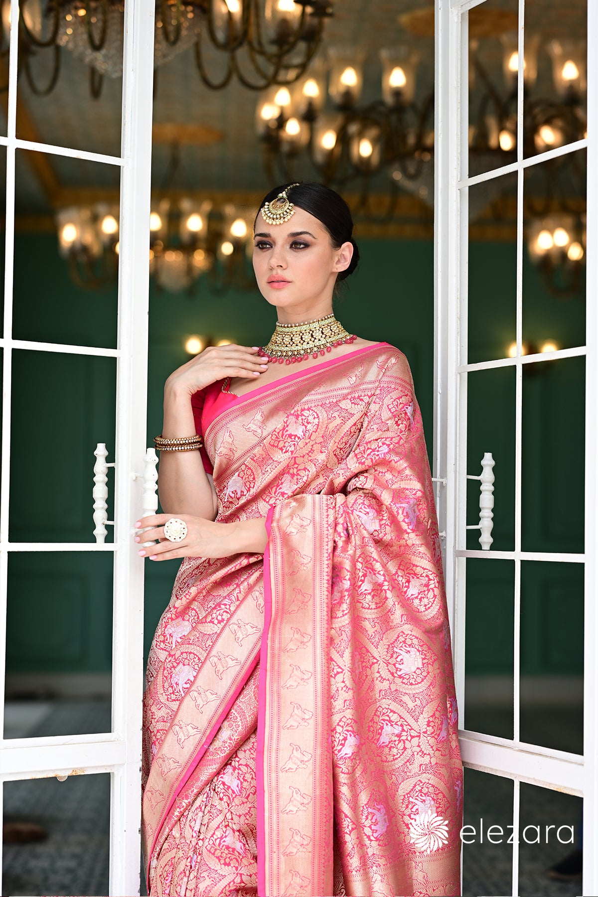 Pink Sona Rupa Zari Shikargah Pure Katan Silk Banarasi