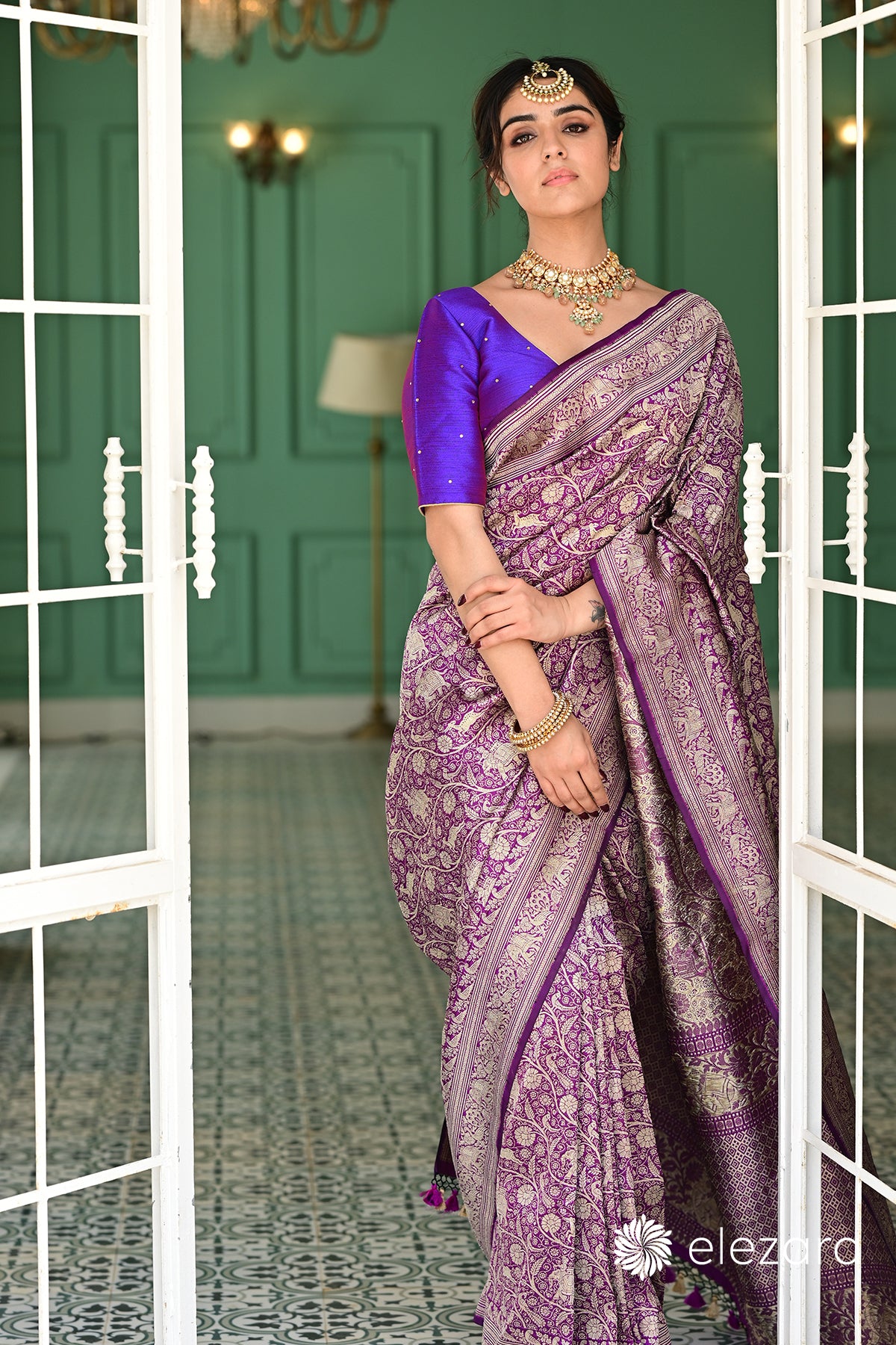 Purple Sona Zari Shikargah Pure Katan Silk Banarasi