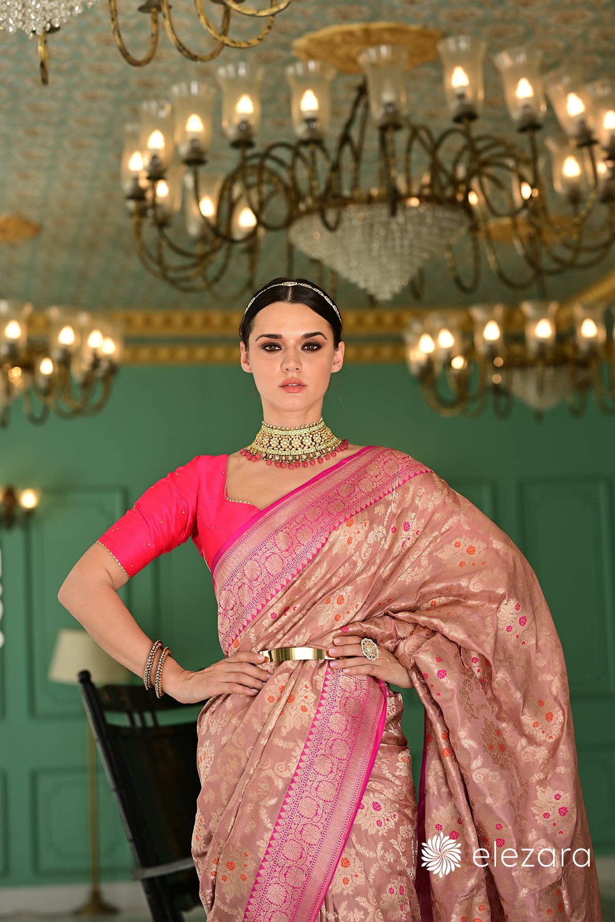 Mauve Kadhiyal Pink Border Meenakari Sona Zari Pure Katan Banarasi