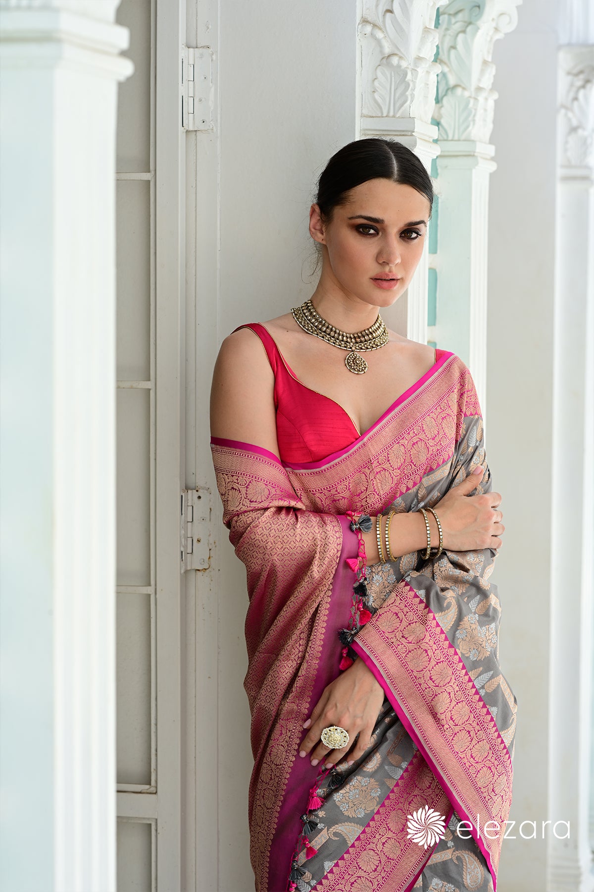 Grey Kadhiyal Pink Border Sona Rupa Pure Katan Banarasi