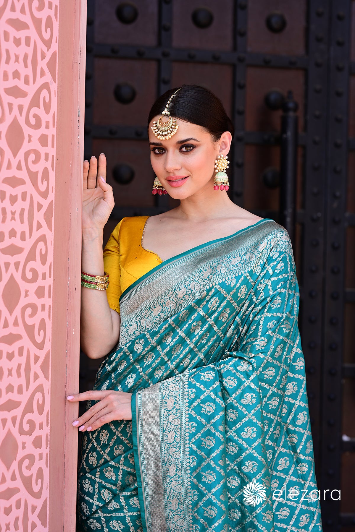 Sea-green Sona Zari Shikargah Pure Katan Silk Banarasi