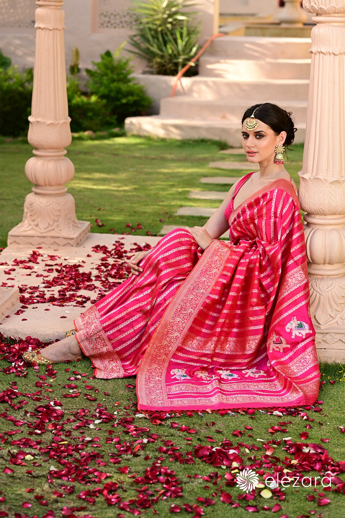 Rani-Pink Leheriya Kadhwa Shikargah Sona Rupa Meenakari Pure Katan Banarasi