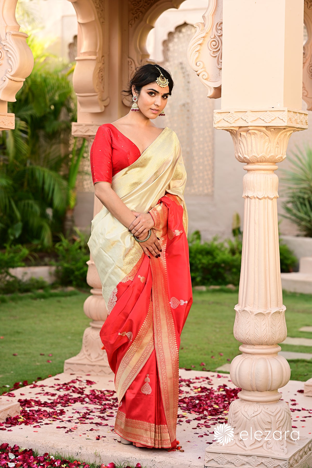 Offwhite-Red Kadhwa Sona Rupa Zari Pure Katan Banarasi (ekaya similar saree)