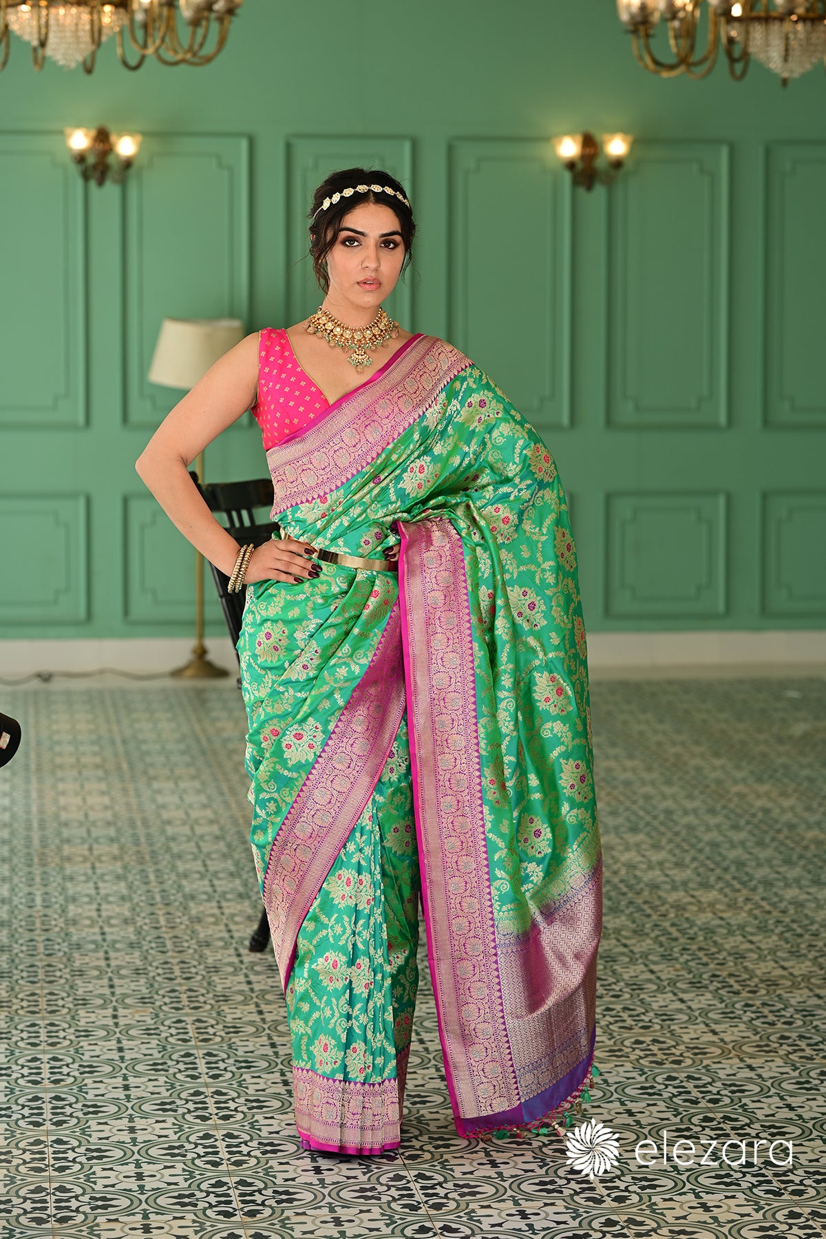 Sea-Green Kadhiyal Pink Border Meenakari Sona Zari Pure Katan Banarasi