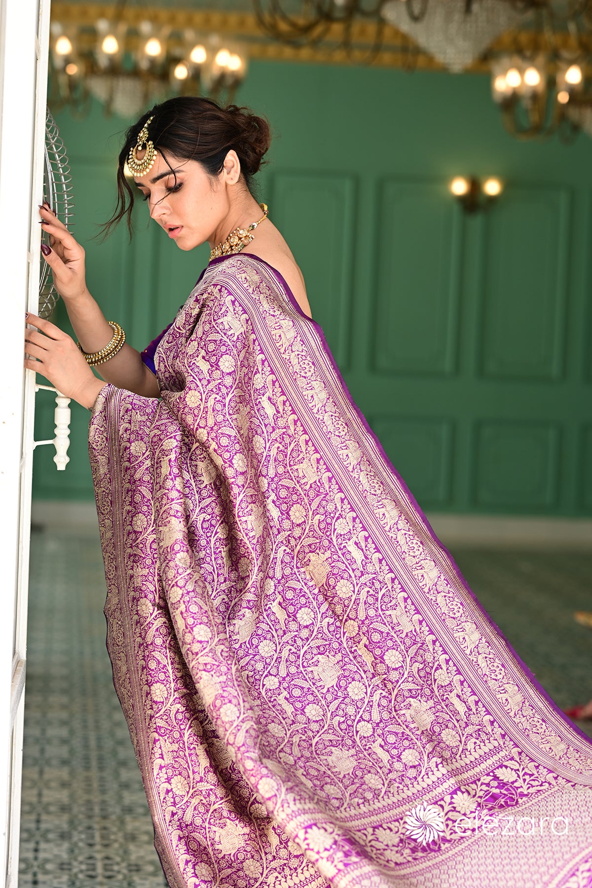 Purple Sona Zari Shikargah Pure Katan Silk Banarasi