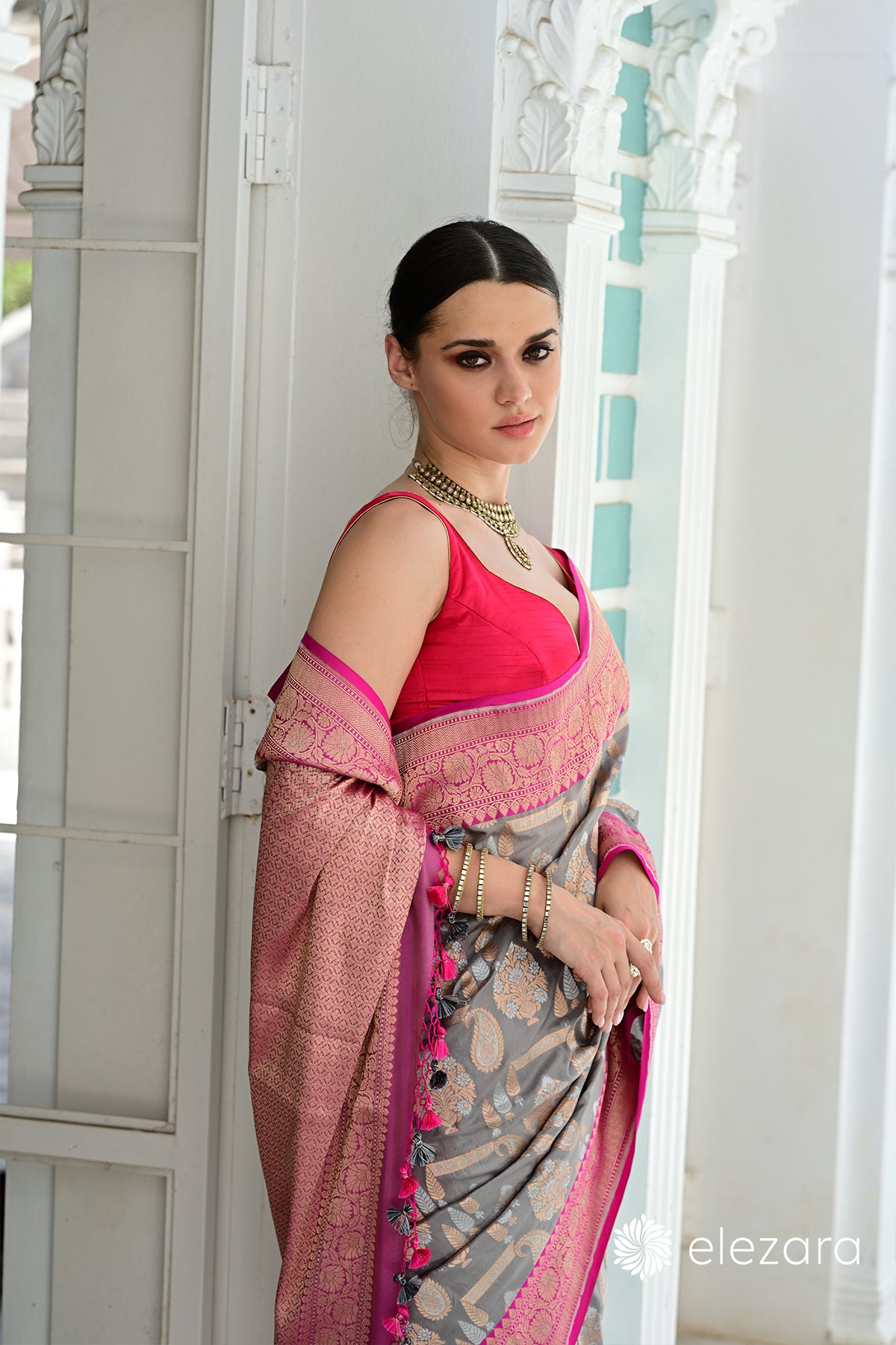 Grey Kadhiyal Pink Border Sona Rupa Pure Katan Banarasi