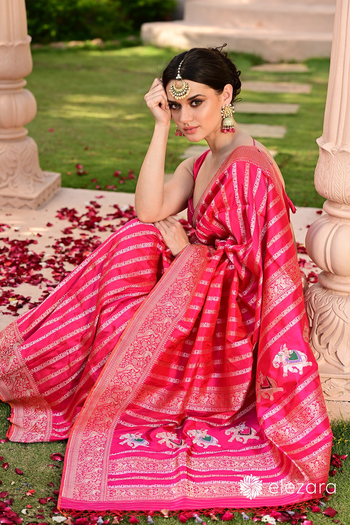 Rani-Pink Leheriya Kadhwa Shikargah Sona Rupa Meenakari Pure Katan Banarasi