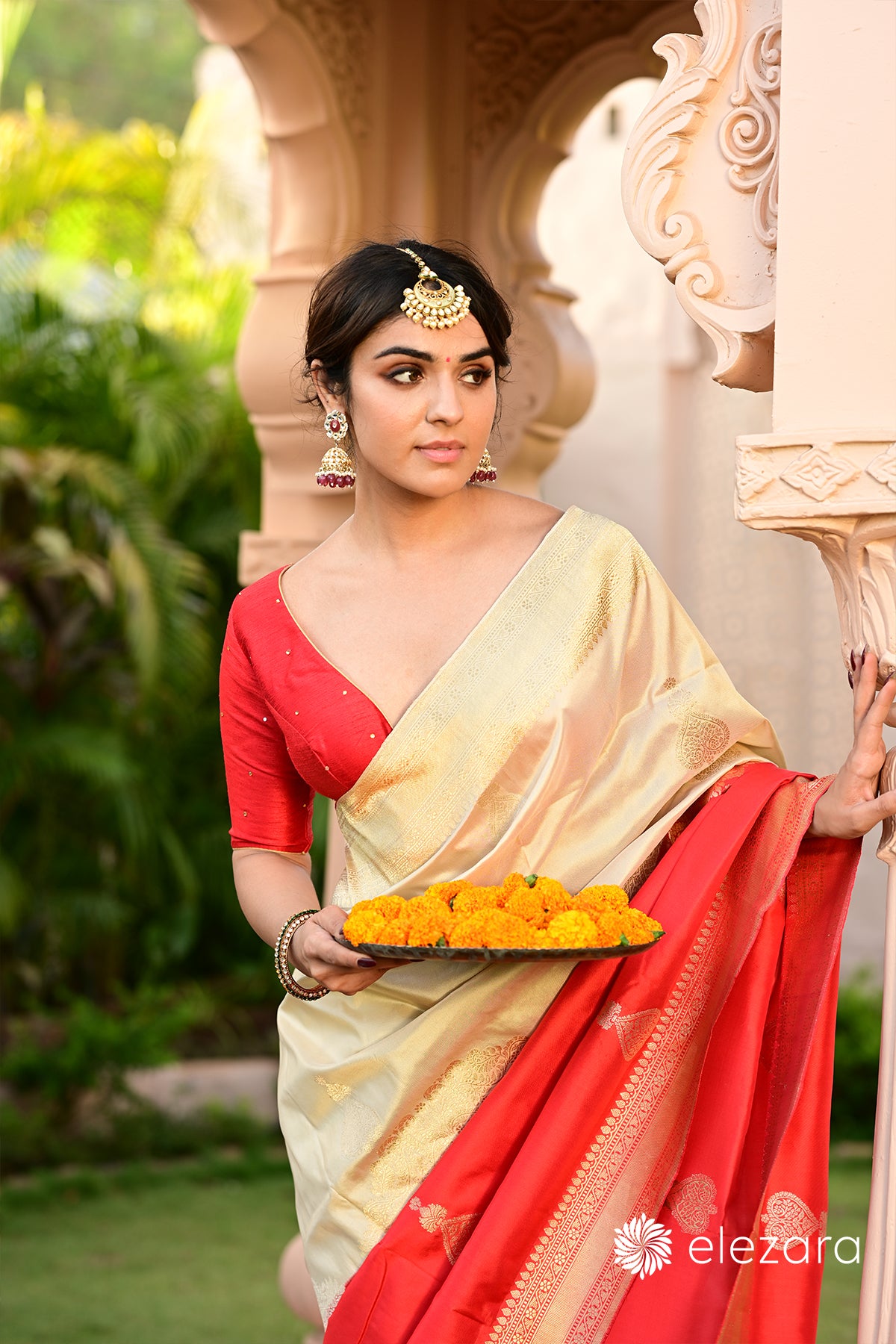 Offwhite-Red Kadhwa Sona Rupa Zari Pure Katan Banarasi (ekaya similar saree)
