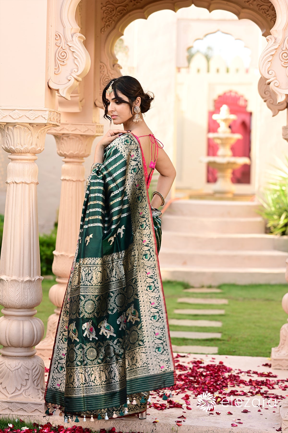 Bottle-Green Leheriya Kadhwa Shikargah Sona Rupa Meenakari Pure Katan Banarasi