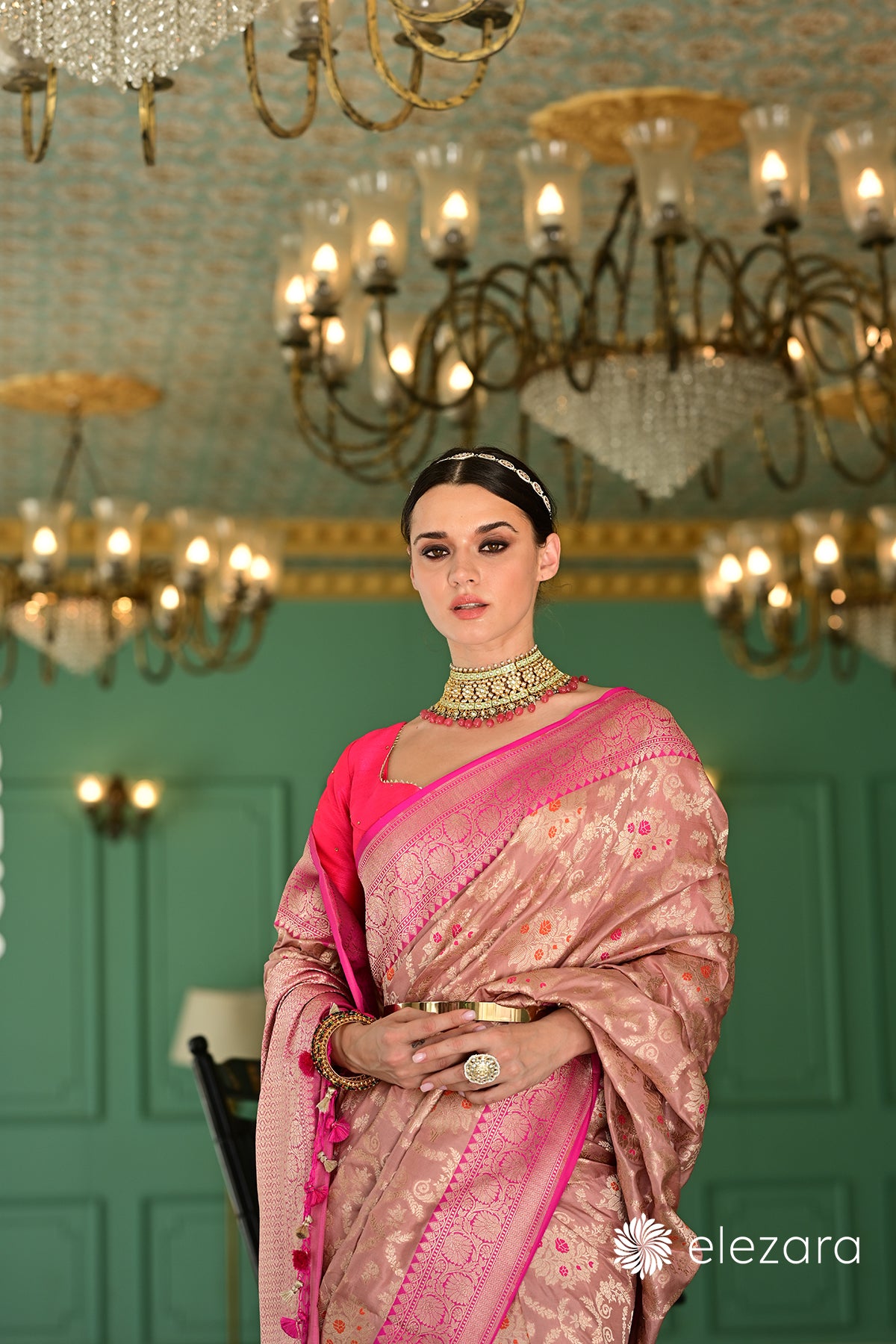 Mauve Kadhiyal Pink Border Meenakari Sona Zari Pure Katan Banarasi