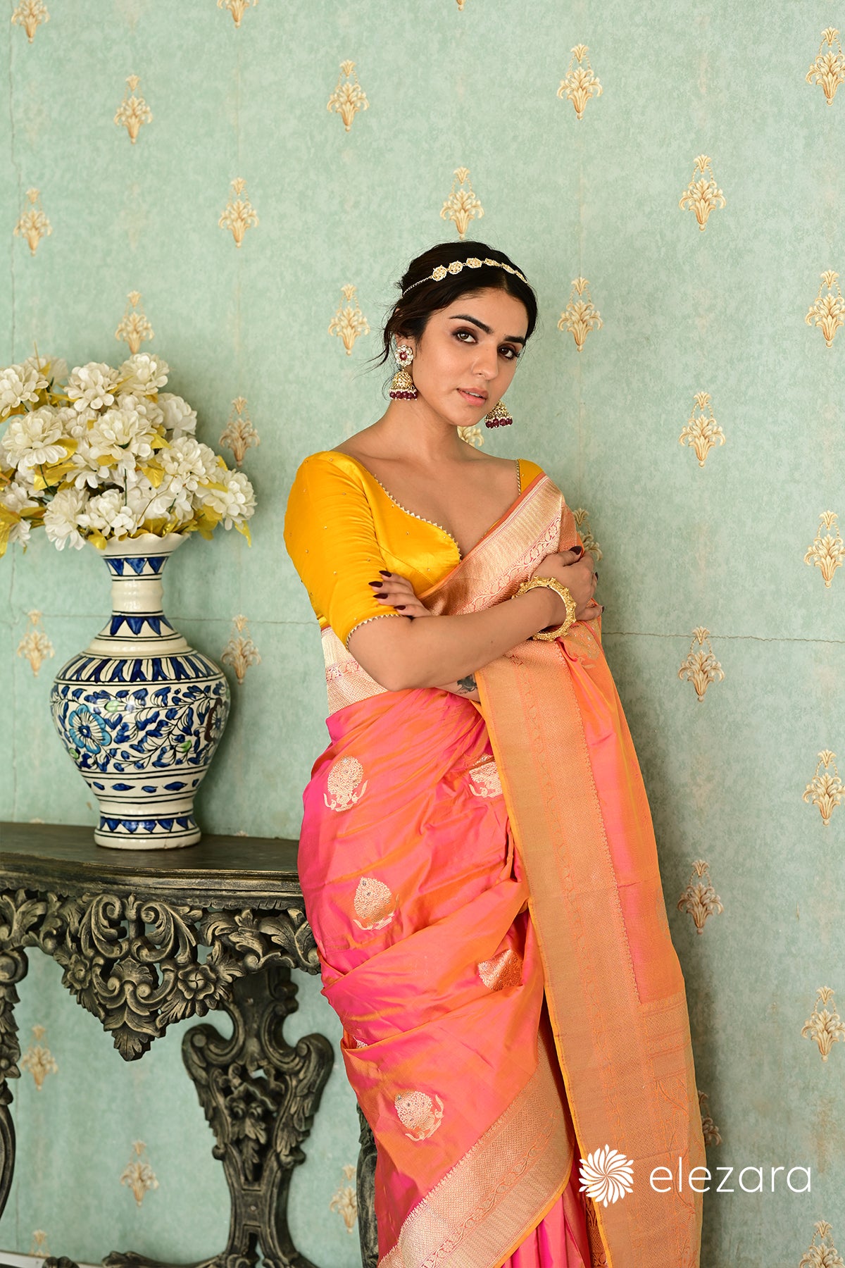 Fiery-Orange Kadhwa Buta Sona Rupa Zari Ektara Pure Katan Banarasi