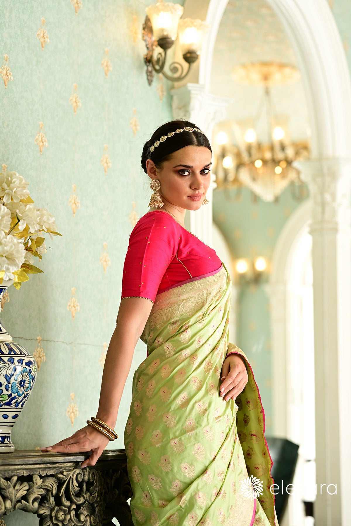 Light Green Floral Buti Meenakari Pure Katan Banarasi