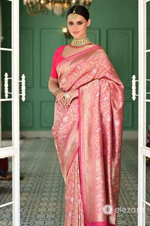 Pink Sona Rupa Zari Shikargah Pure Katan Silk Banarasi