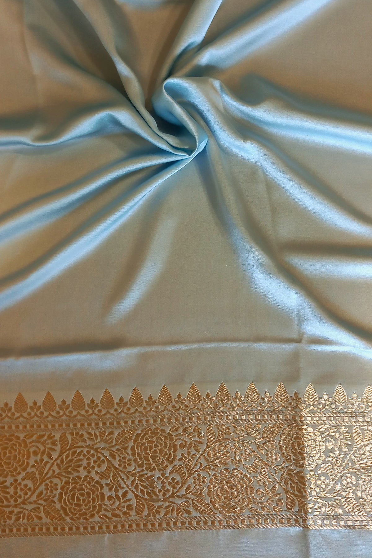 Powder Blue Kadhiyal Purple Border Sona Zari Pure Katan Banarasi