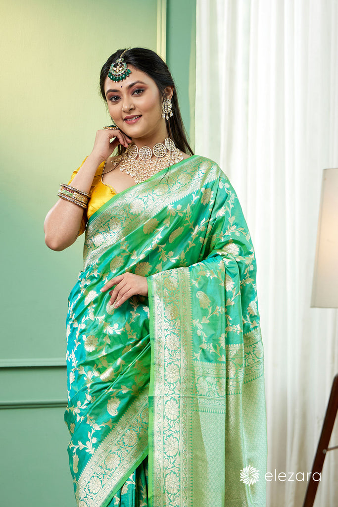Mint Green Kora Silk/Cotton Handloom Banarasi Saree – Himagauri Sarees