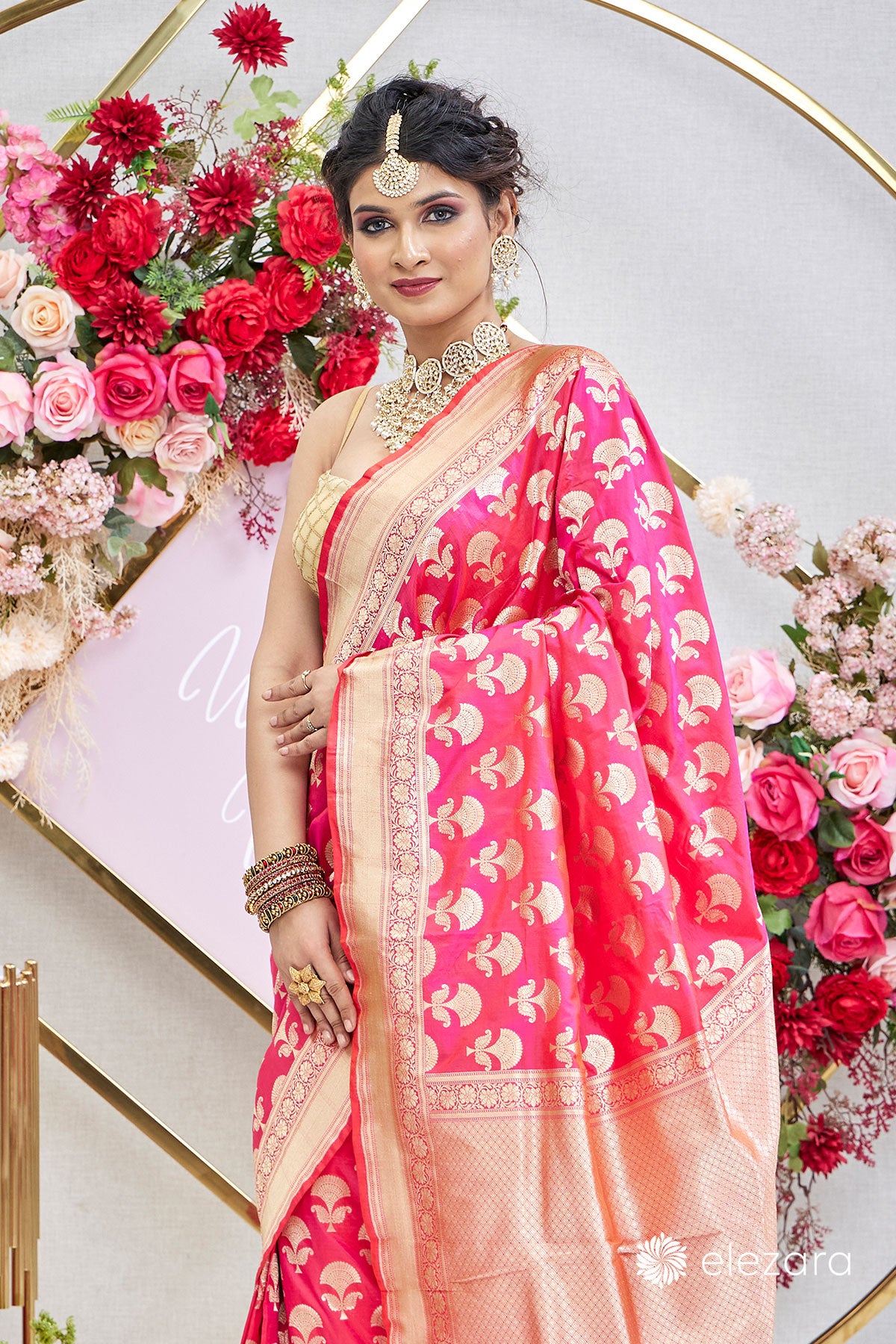 Pink Orange Dual Tone Floral Buta Pure Katan Silk Banarasi
