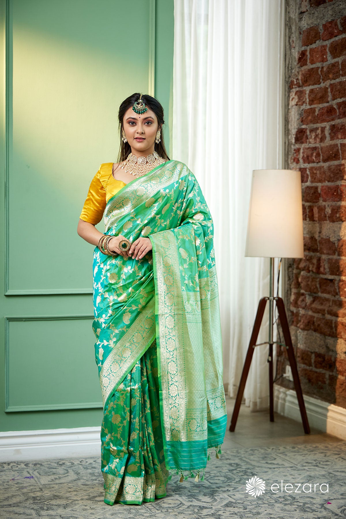 Sea Green Dual Tone Floral Jaal Pure Katan Silk Banarasi