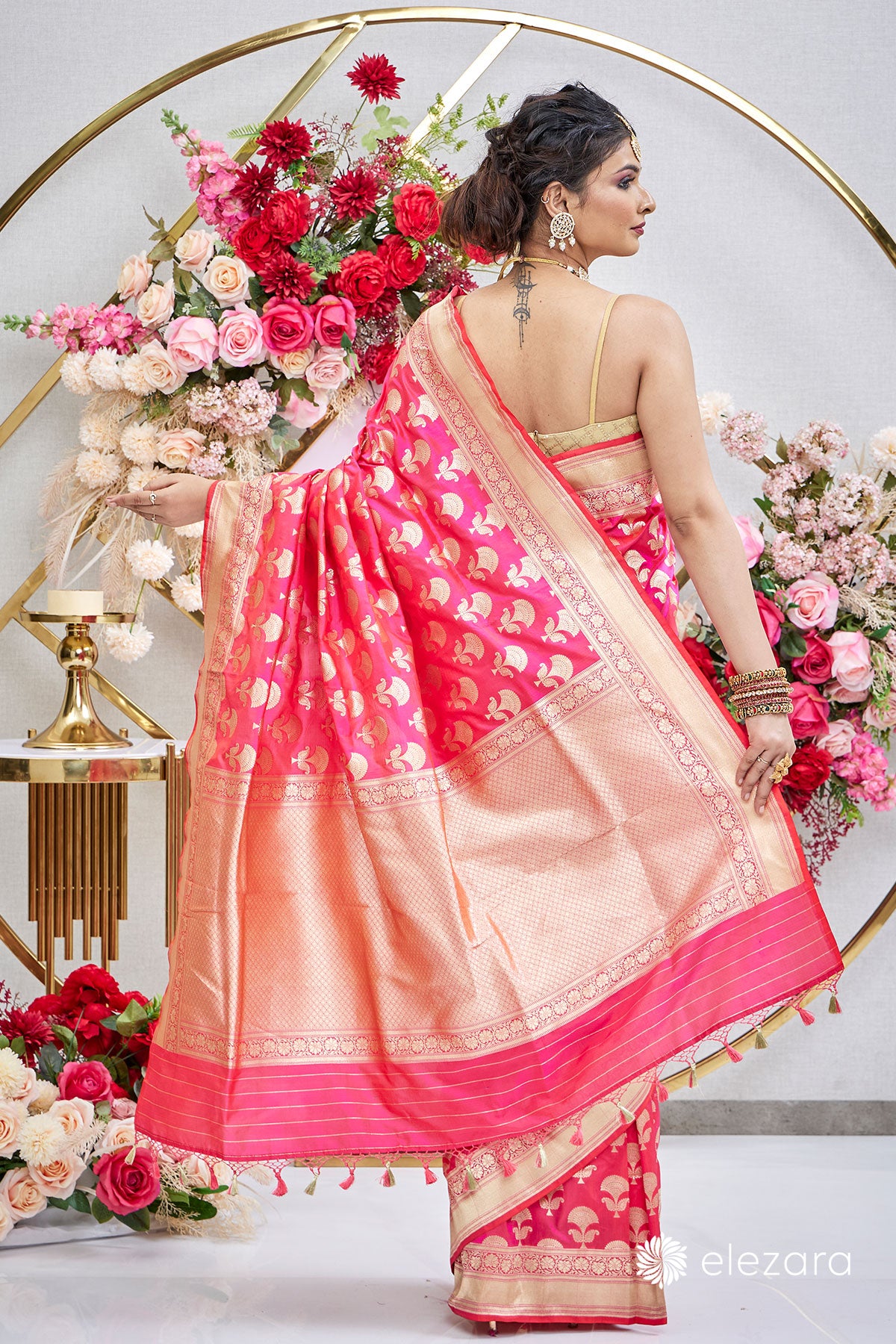 Pink Orange Dual Tone Floral Buta Pure Katan Silk Banarasi