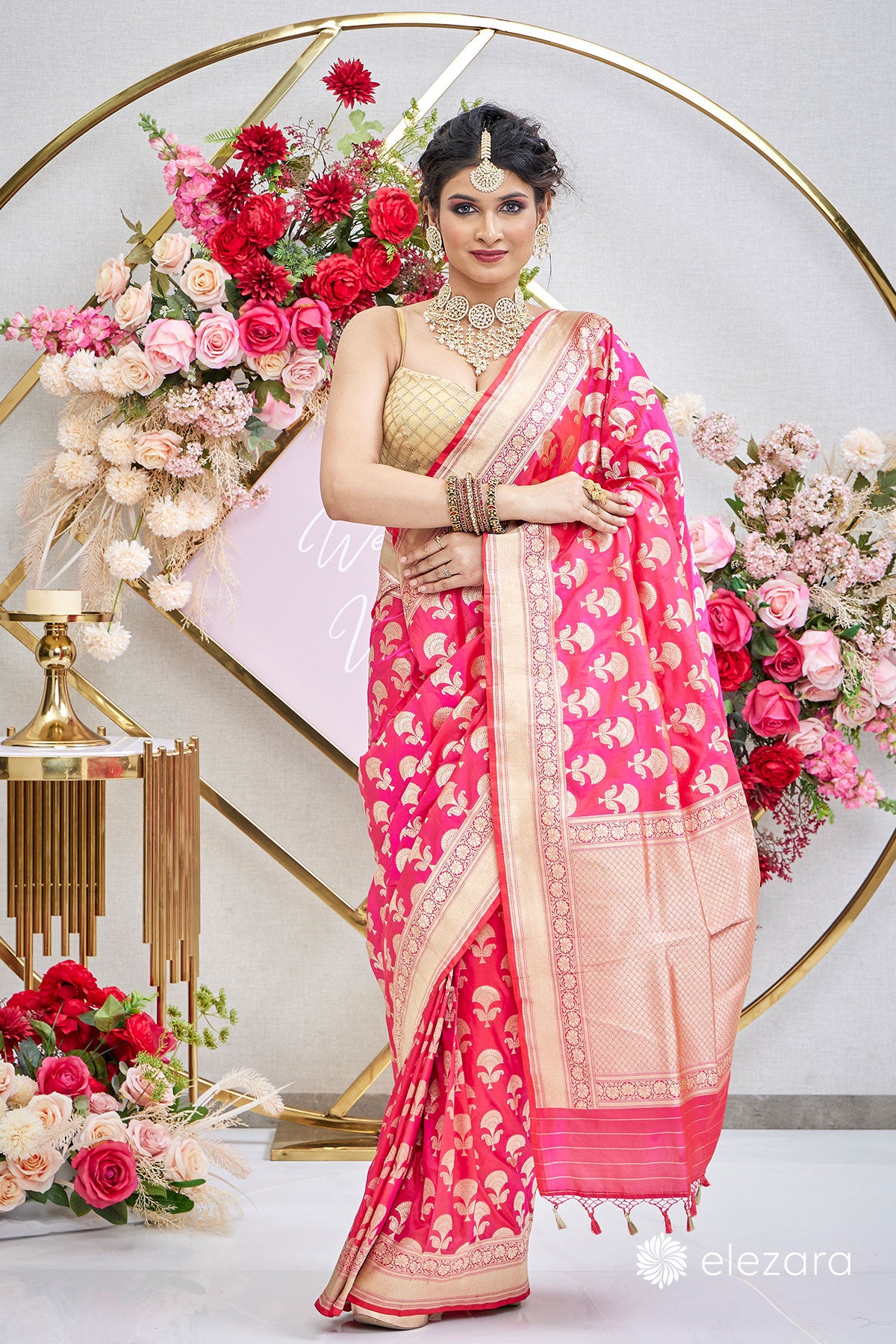 Pink Orange Dual Tone Floral Buta Pure Katan Silk Banarasi