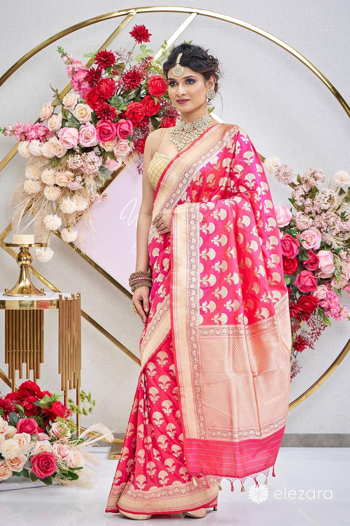 Pink Orange Dual Tone Floral Buta Pure Katan Silk Banarasi