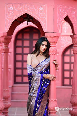 Royal Blue Floral Buti Pure Katan Silk Banarasi