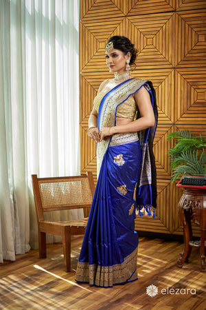 Royal Blue Kadhwa Buta Meenakari Pure Katan Silk Ektara Banarasi