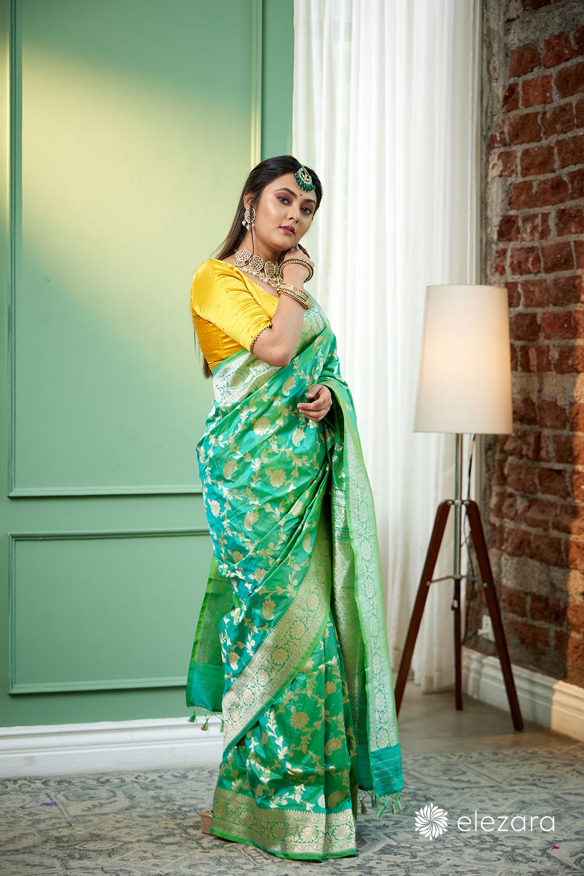 Sea Green Dual Tone Floral Jaal Pure Katan Silk Banarasi