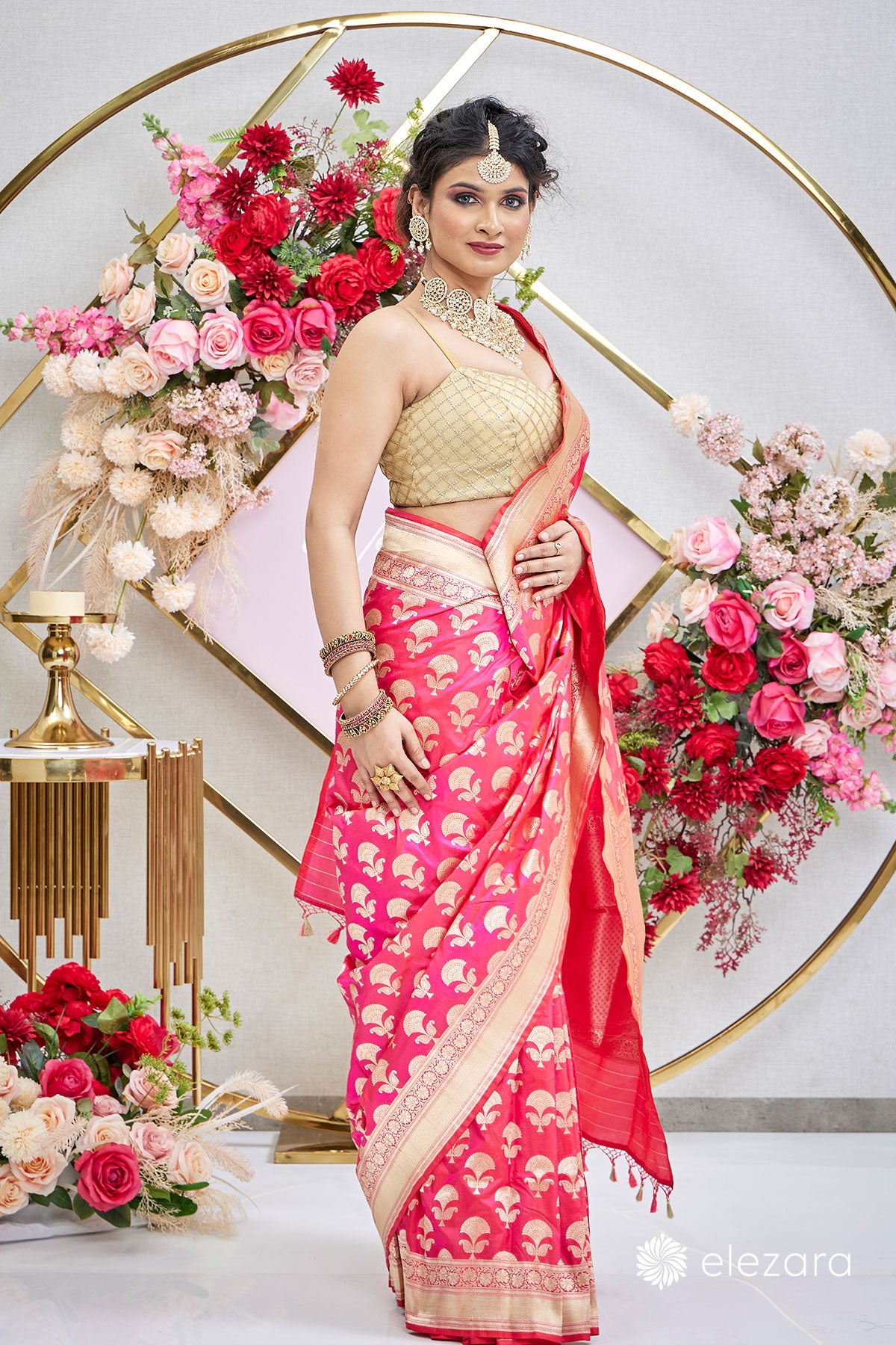 Pink Orange Dual Tone Floral Buta Pure Katan Silk Banarasi