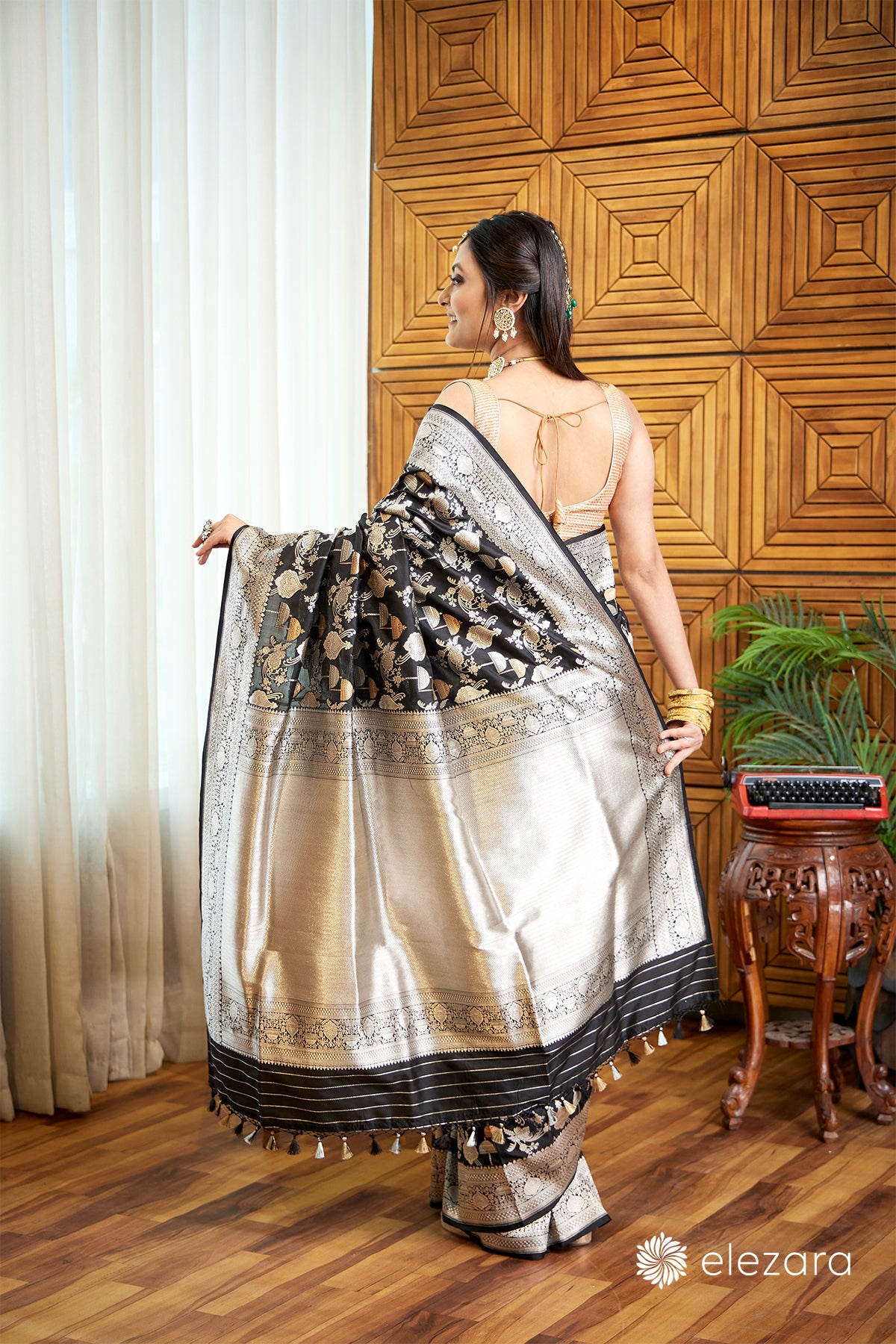 Black Rupa and copper Zari Pure Katan Silk Banarasi