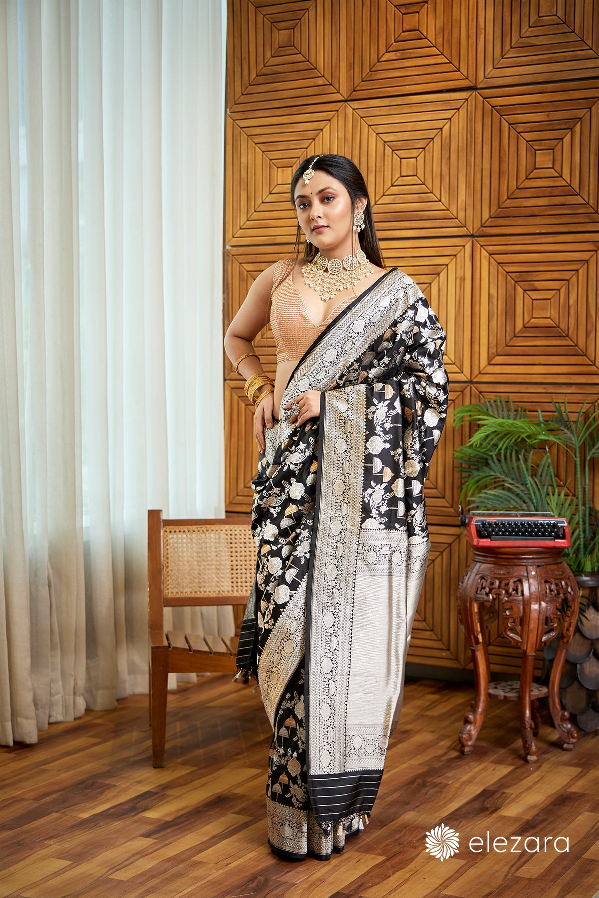 Black Rupa and copper Zari Pure Katan Silk Banarasi