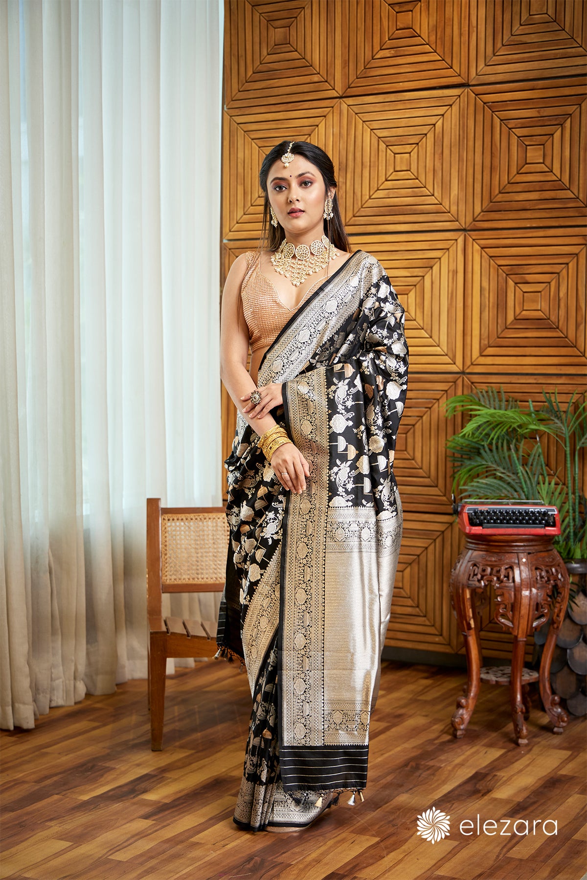 Black Rupa and copper Zari Pure Katan Silk Banarasi