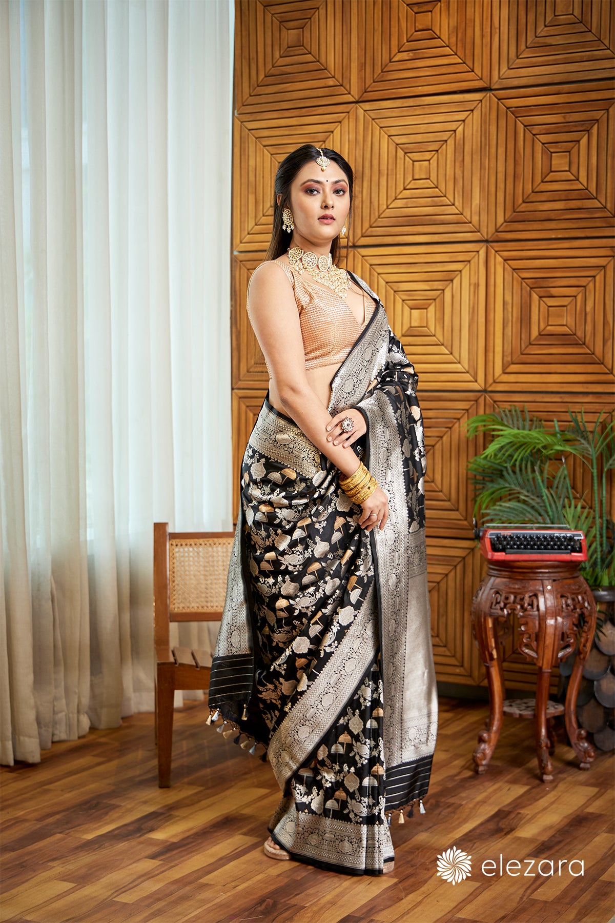 Black Rupa and copper Zari Pure Katan Silk Banarasi