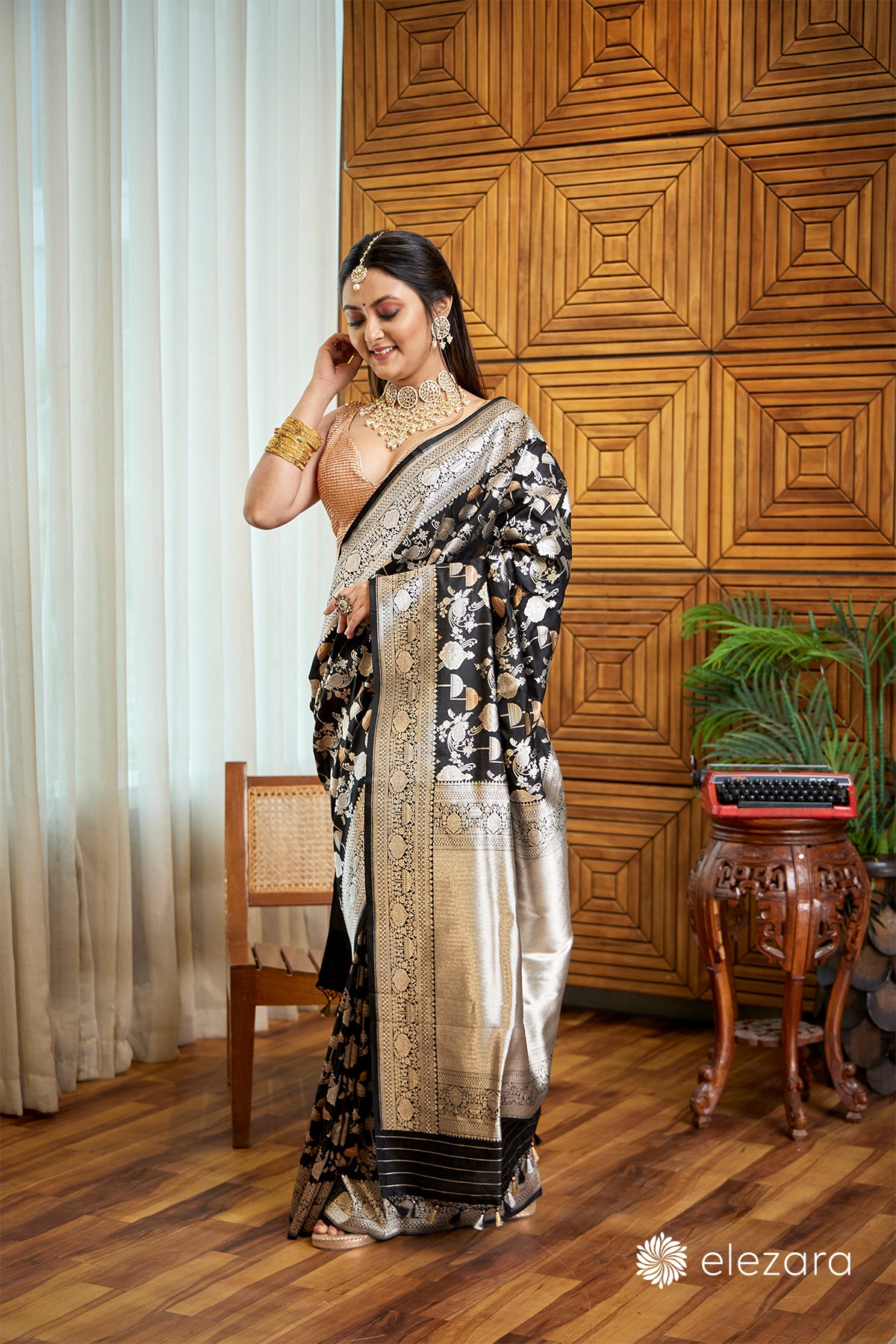 Black Rupa and copper Zari Pure Katan Silk Banarasi