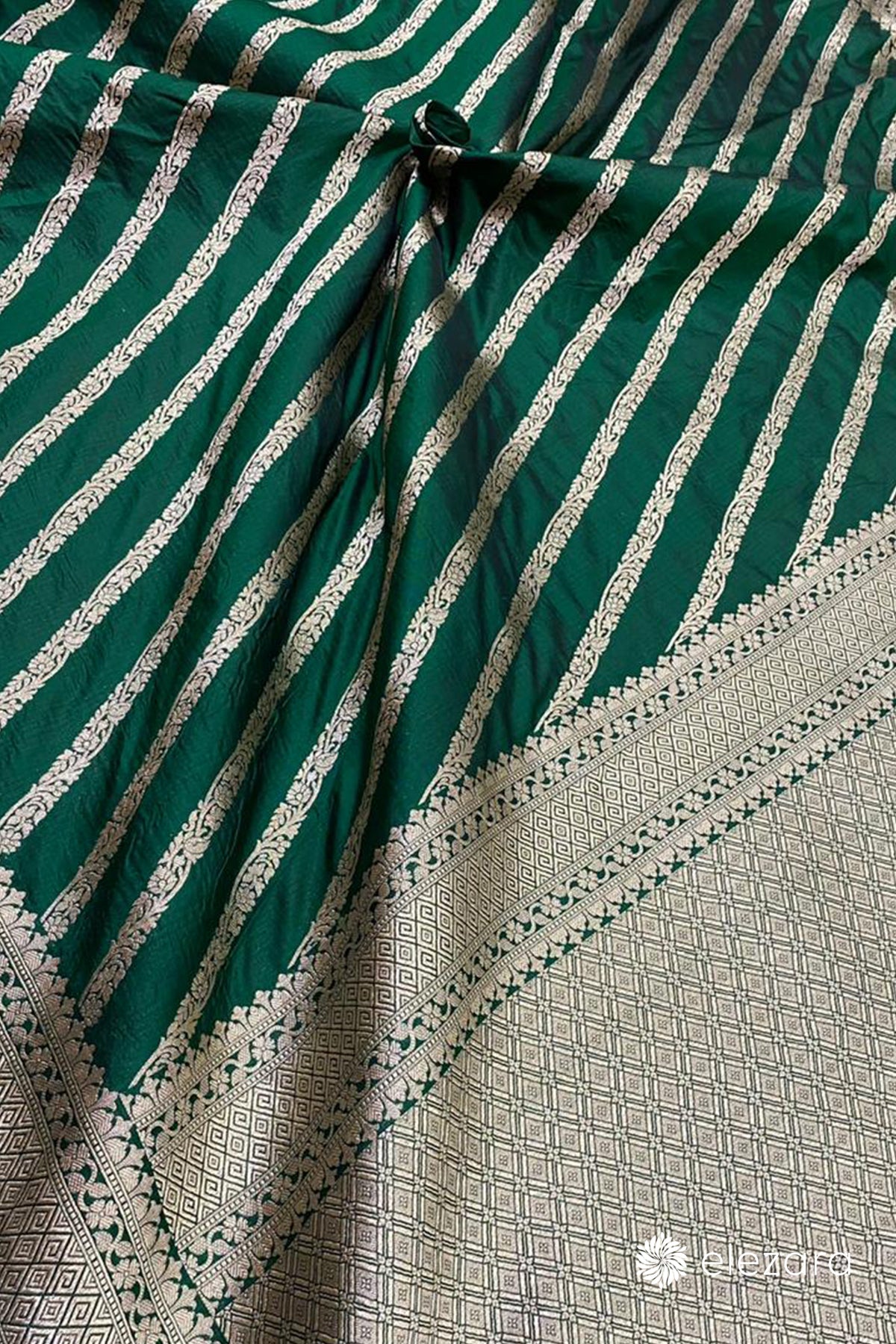 Bottle Green Leheriya Sona Zari Pure Katan Silk Banarasi