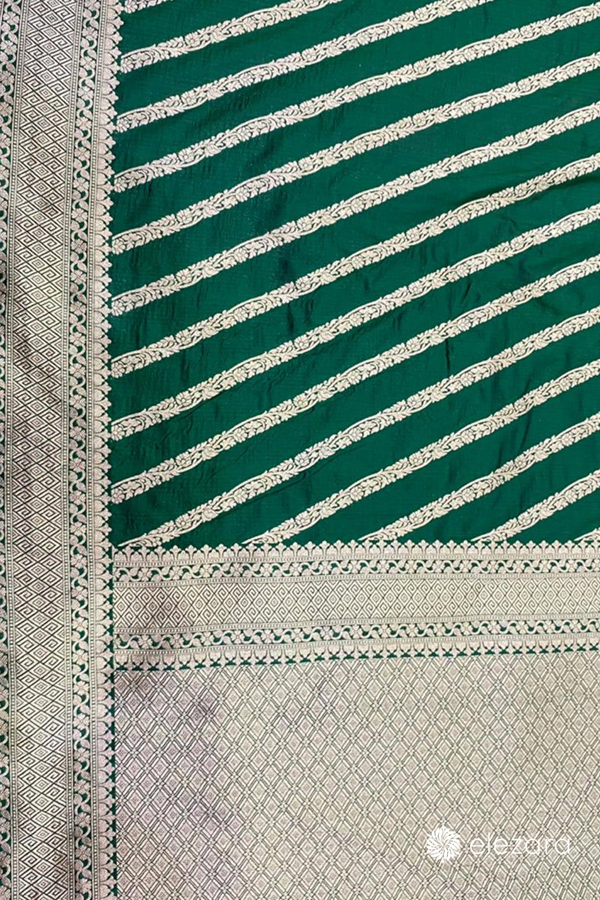 Bottle Green Leheriya Sona Zari Pure Katan Silk Banarasi