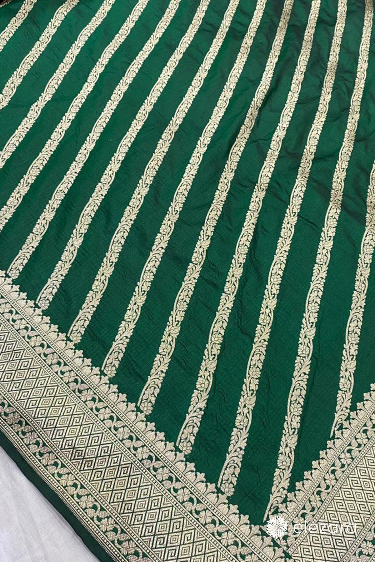 Bottle Green Leheriya Sona Zari Pure Katan Silk Banarasi