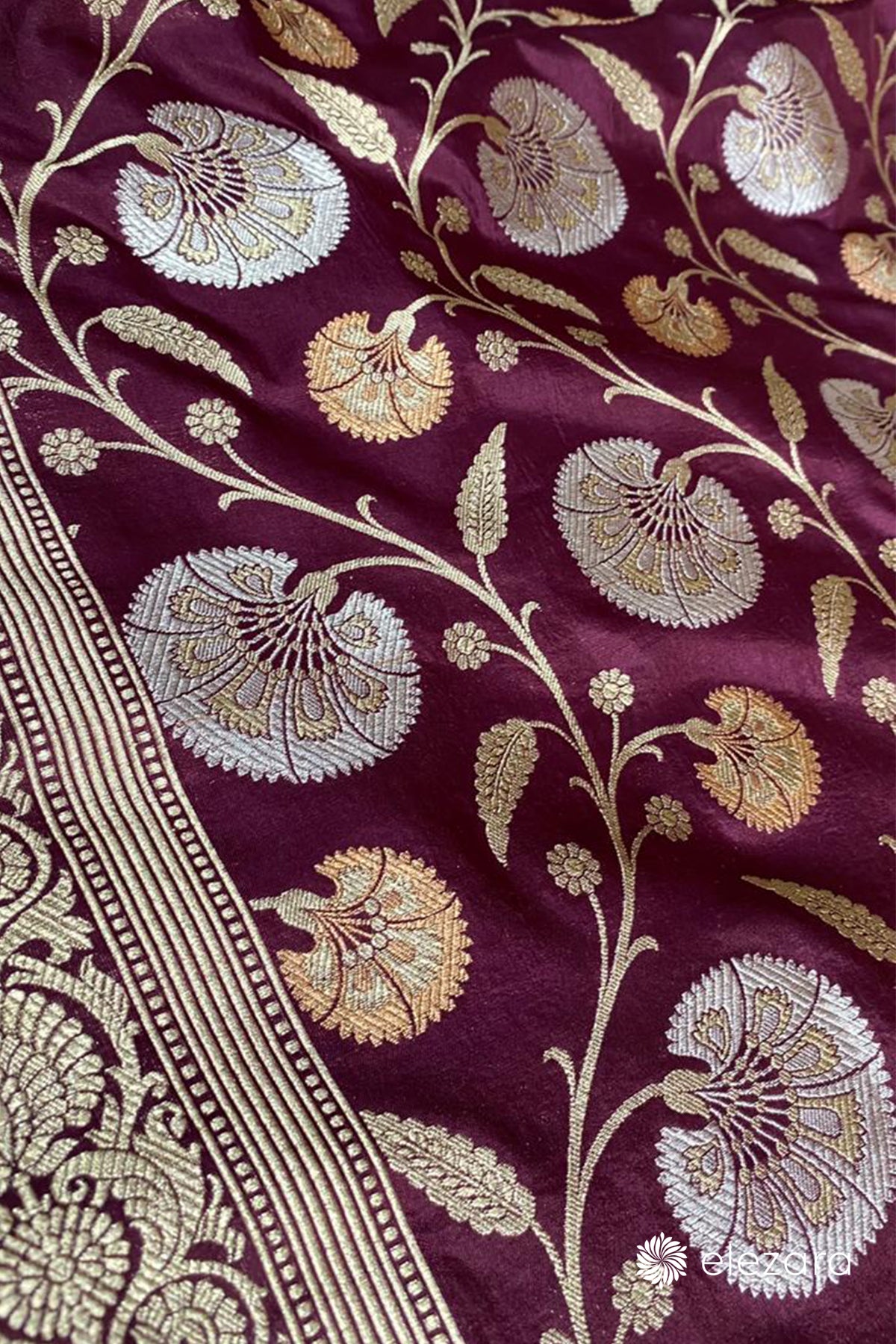 Garnet Sona Rupa Copper Zari Pure Katan Silk Banarasi