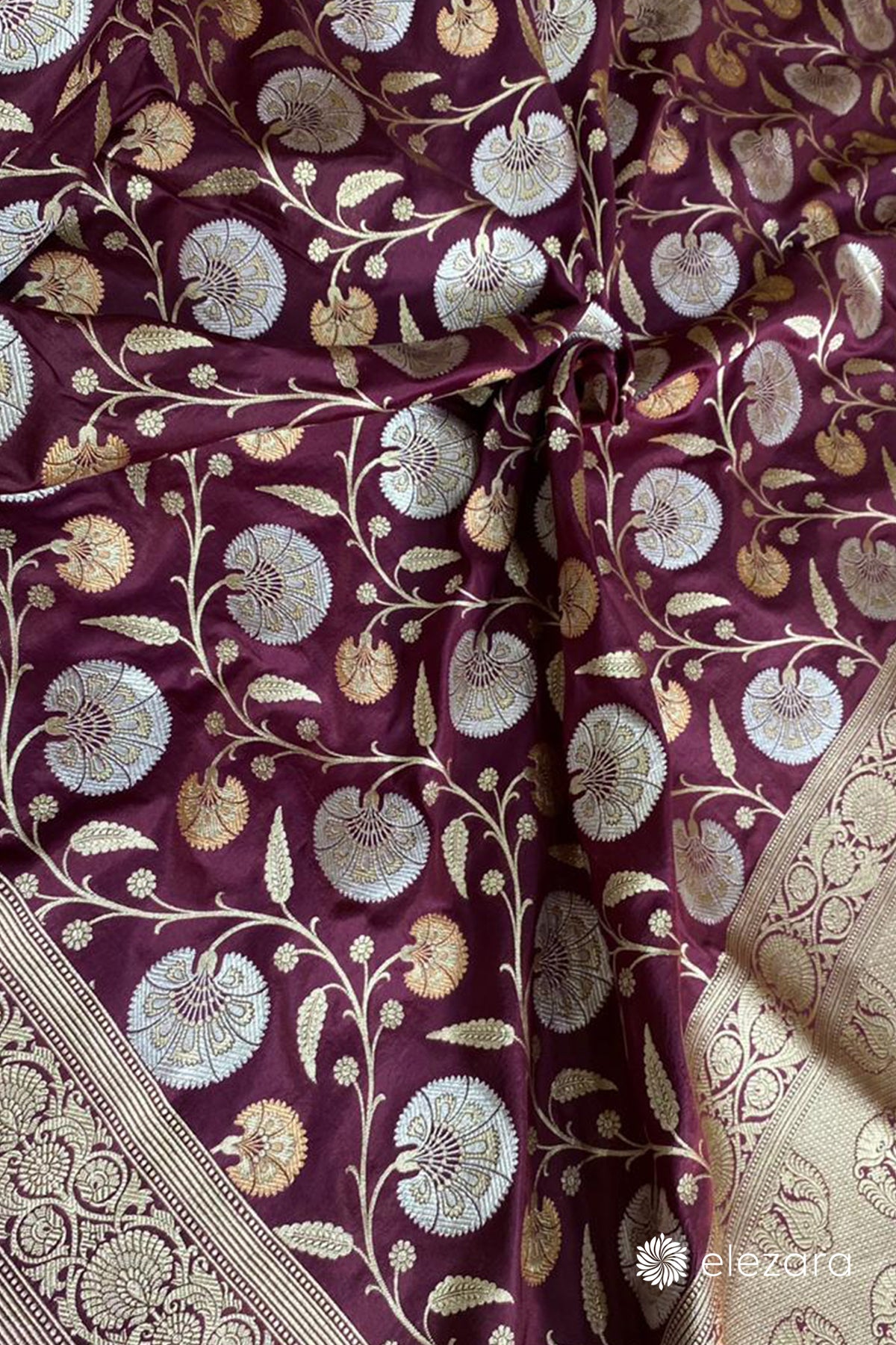 Garnet Sona Rupa Copper Zari Pure Katan Silk Banarasi
