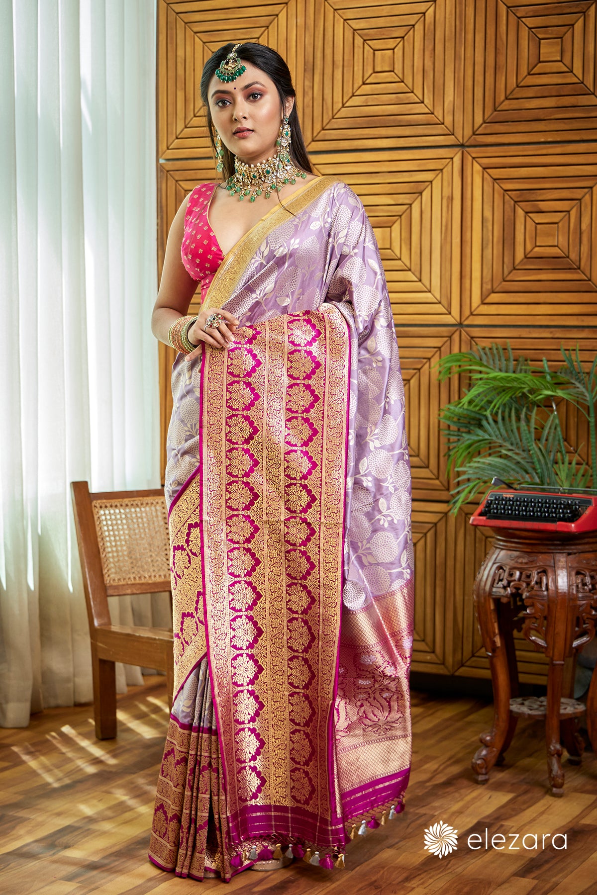 Grey- Magenta border Sona Zari Pure Katan Silk Mughal Banarasi