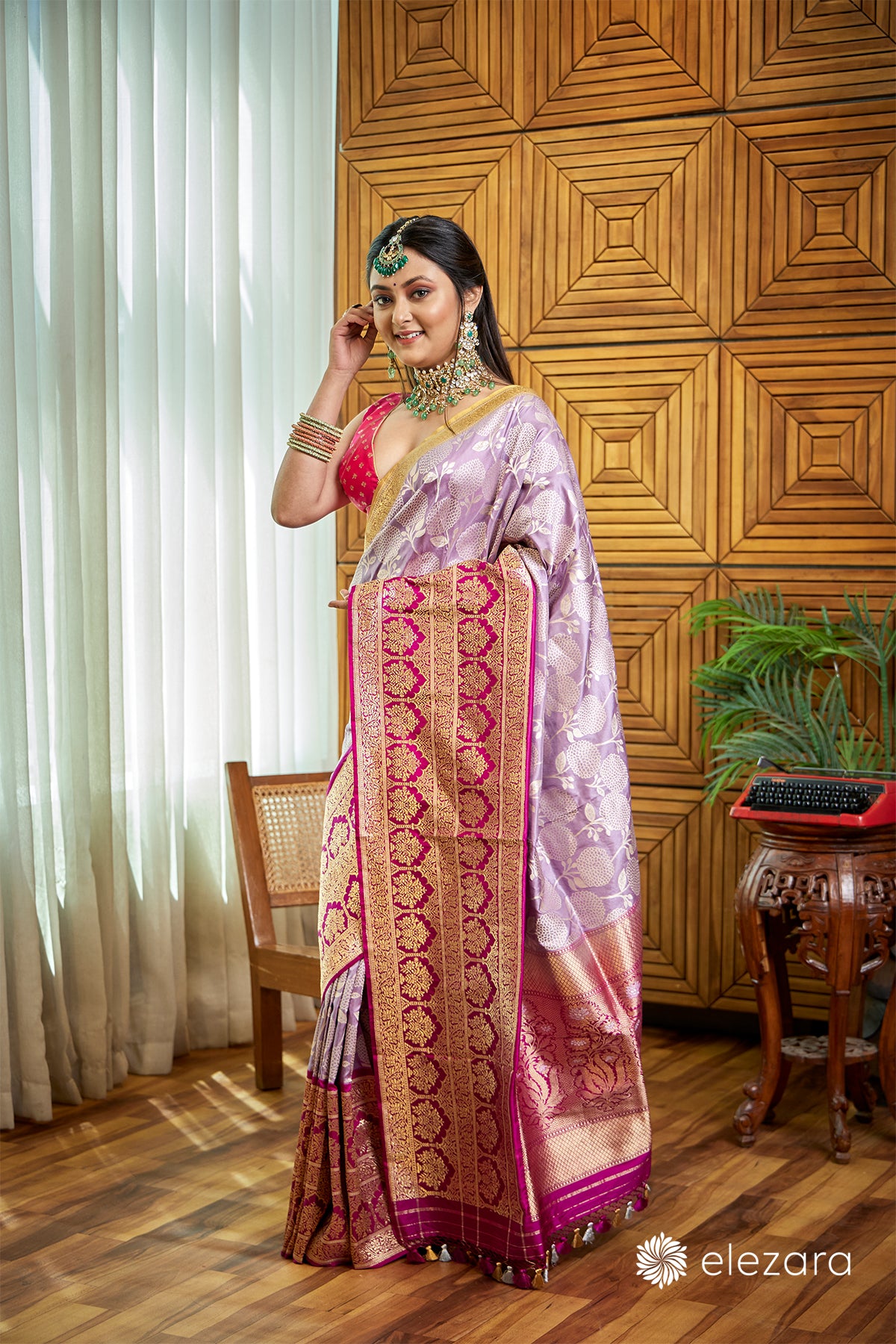 Grey- Magenta border Sona Zari Pure Katan Silk Mughal Banarasi