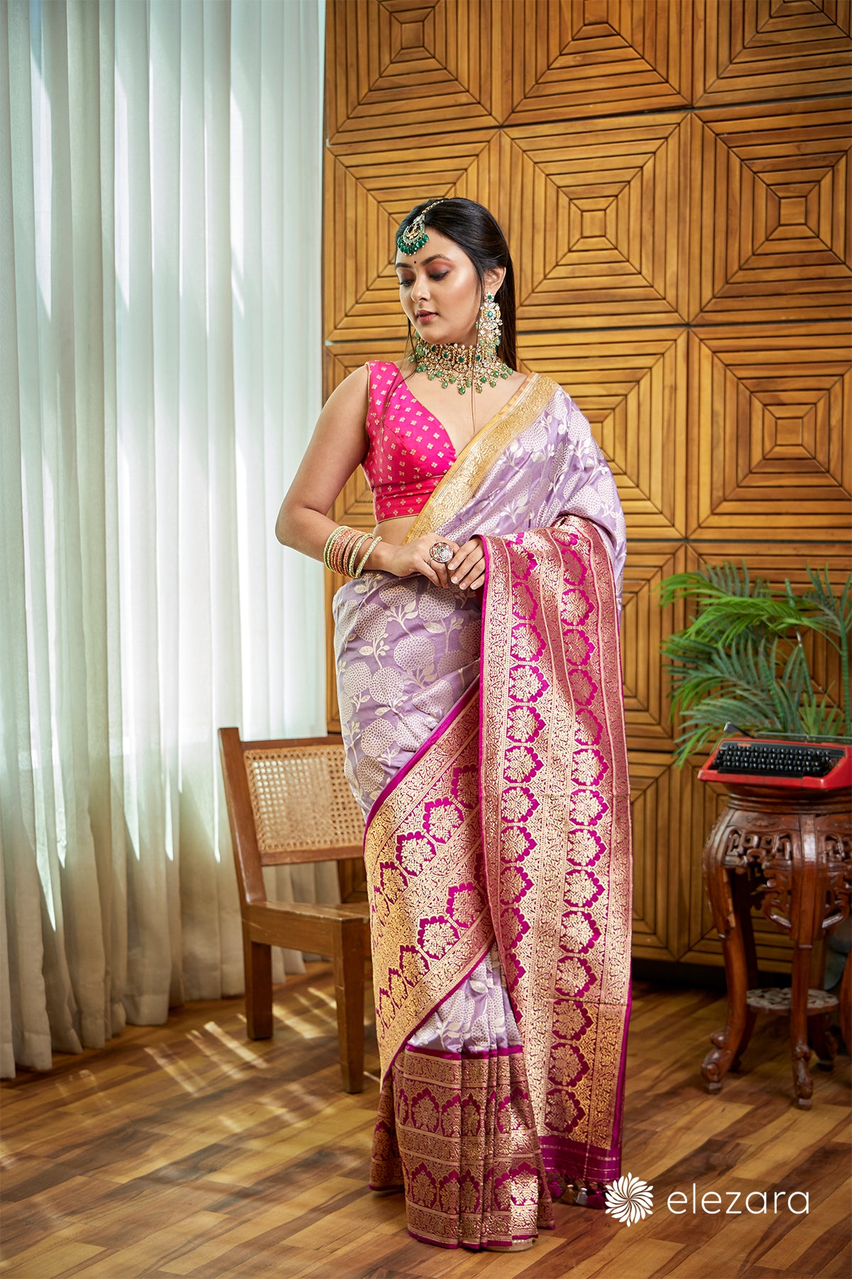 Grey- Magenta border Sona Zari Pure Katan Silk Mughal Banarasi