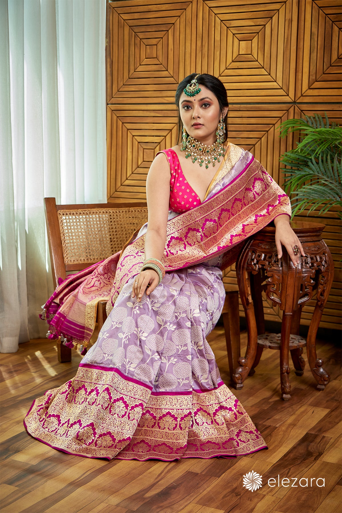 Grey- Magenta border Sona Zari Pure Katan Silk Mughal Banarasi